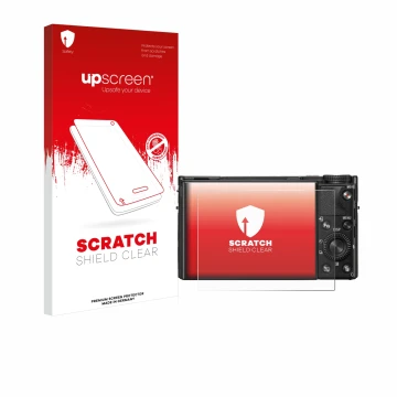 Face avant d’un emballage produit avec le logo de la marque upscreen. À côté, l’appareil Sony Cyber-Shot DSC-RX100 VIIA est re