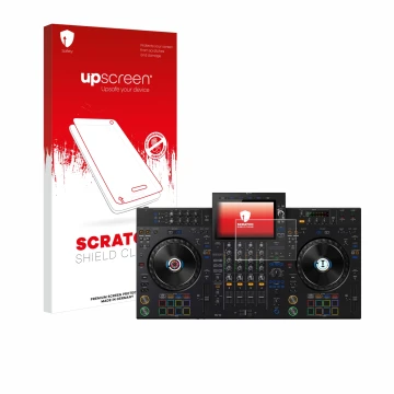 Face avant d’un emballage produit avec le logo de la marque upscreen. À côté, l’appareil Pioneer XDJ-AZ est représenté avec la
