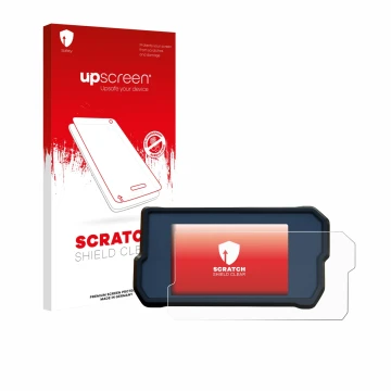 Face avant d’un emballage produit avec le logo de la marque upscreen. À côté, l’appareil KTM RC125 / RC390 2022+ est représent