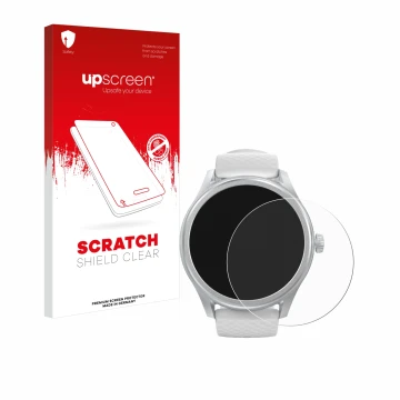 Face avant d’un emballage produit avec le logo de la marque upscreen. À côté, l’appareil Hama Smartwatch 5010 est représenté a