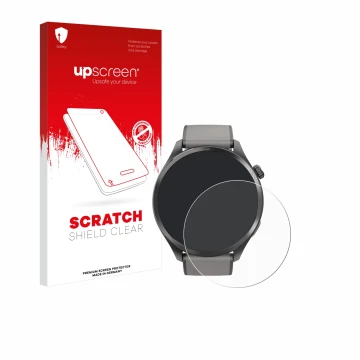 Face avant d’un emballage produit avec le logo de la marque upscreen. À côté, l’appareil Hama Smartwatch 9000 est représenté a