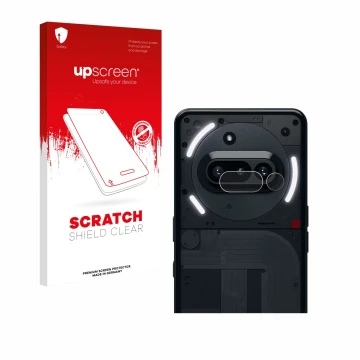 Face avant d’un emballage produit avec le logo de la marque upscreen. À côté, l’appareil Nothing Phone (3a) (Caméra UNIQUEMENT