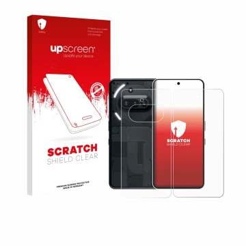 Face avant d’un emballage produit avec le logo de la marque upscreen. À côté, l’appareil Nothing Phone (3a) (Avant+Arrière) es