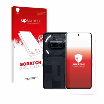 Face avant d’un emballage produit avec le logo de la marque upscreen. À côté, l’appareil Nothing Phone (3a) (Avant+Caméra) est