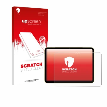 Face avant d’un emballage produit avec le logo de la marque upscreen. À côté, l’appareil Apple iPad Air 11