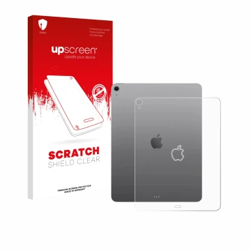 Face avant d’un emballage produit avec le logo de la marque upscreen. À côté, l’appareil Apple iPad Air 13