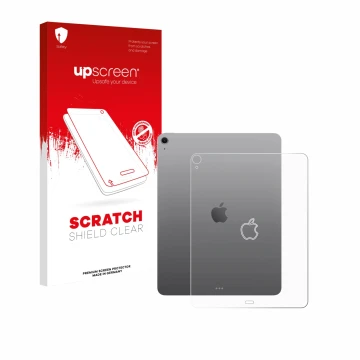 Face avant d’un emballage produit avec le logo de la marque upscreen. À côté, l’appareil Apple iPad Air 13