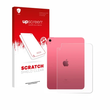 Face avant d’un emballage produit avec le logo de la marque upscreen. À côté, l’appareil Apple iPad A16 11