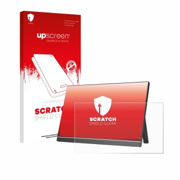 Face avant d’un emballage produit avec le logo de la marque upscreen. À côté, l’appareil Arzopa Z1RC 16
