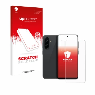 Face avant d’un emballage produit avec le logo de la marque upscreen. À côté, l’appareil Samsung Galaxy A36 5G (Avant+Caméra) 