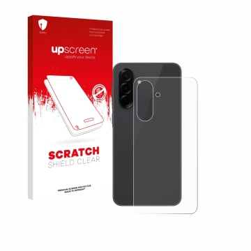 Face avant d’un emballage produit avec le logo de la marque upscreen. À côté, l’appareil Samsung Galaxy A36 5G (Arrière) est r