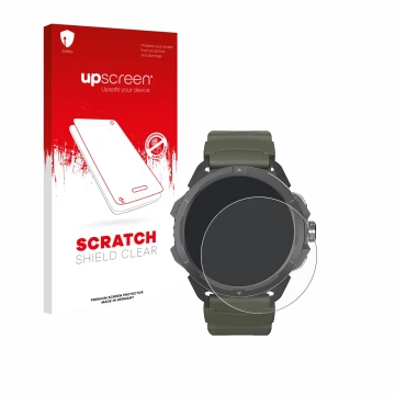 Face avant d’un emballage produit avec le logo de la marque upscreen. À côté, l’appareil Hammer Watch 2 Military Edition est r