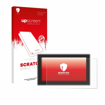 Face avant d’un emballage produit avec le logo de la marque upscreen. À côté, l’appareil Ford Tourneo Curier (2024) est représ