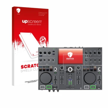 Face avant d’un emballage produit avec le logo de la marque upscreen. À côté, l’appareil Denon DJ Prime Go+ est représenté ave