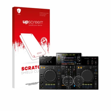 Face avant d’un emballage produit avec le logo de la marque upscreen. À côté, l’appareil Pioneer XDJ -RR (Jog) est représenté 