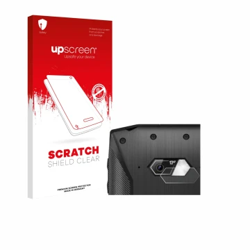 Face avant d’un emballage produit avec le logo de la marque upscreen. À côté, l’appareil Crosscall Core-M5 (Caméra UNIQUEMENT)