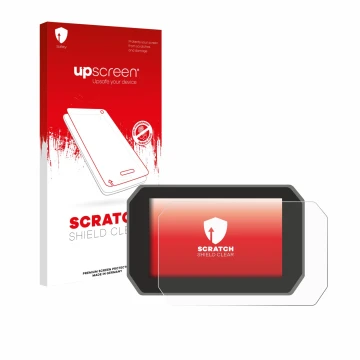 Face avant d’un emballage produit avec le logo de la marque upscreen. À côté, l’appareil Yamaha Tracer 9 GT+ 2025 est représen