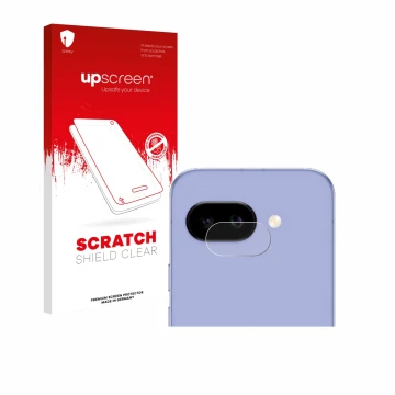 Face avant d’un emballage produit avec le logo de la marque upscreen. À côté, l’appareil Google Pixel 9a (Caméra UNIQUEMENT) e