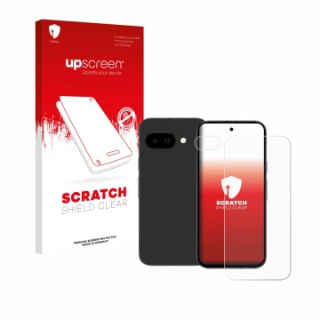 Face avant d’un emballage produit avec le logo de la marque upscreen. À côté, l’appareil Google Pixel 9a (Avant+Caméra) est re