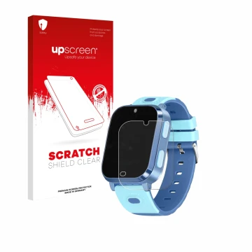 Face avant d’un emballage produit avec le logo de la marque upscreen. À côté, l’appareil Noctiluxia 4G Kids Smartwatch est rep