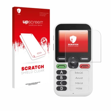 Face avant d’un emballage produit avec le logo de la marque upscreen. À côté, l’appareil Doro Leva X10 est représenté avec la 