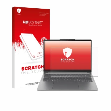 Face avant d’un emballage produit avec le logo de la marque upscreen. À côté, l’appareil Lenovo IdeaPad Pro 5 Gen 10 14