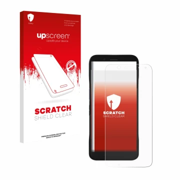Face avant d’un emballage produit avec le logo de la marque upscreen. À côté, l’appareil Datalogic Memor 12 est représenté ave