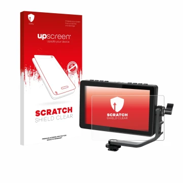 Face avant d’un emballage produit avec le logo de la marque upscreen. À côté, l’appareil Feelworld F5 PROX 5,5