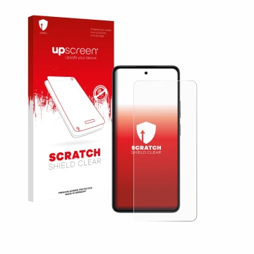 Face avant d’un emballage produit avec le logo de la marque upscreen. À côté, l’appareil realme 14 est représenté avec la prot
