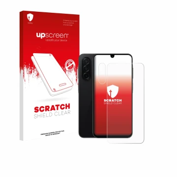 Face avant d’un emballage produit avec le logo de la marque upscreen. À côté, l’appareil Samsung Galaxy A26 5G Enterprise Edit