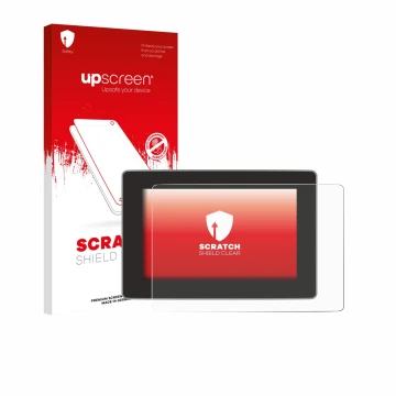 Face avant d’un emballage produit avec le logo de la marque upscreen. À côté, l’appareil Tesla Model Y Juniper 2025 est représ