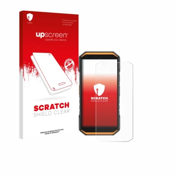 Face avant d’un emballage produit avec le logo de la marque upscreen. À côté, l’appareil Ulefone Armor X32 est représenté avec