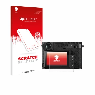 Face avant d’un emballage produit avec le logo de la marque upscreen. À côté, l’appareil Fujifilm GFX 100RF est représenté ave