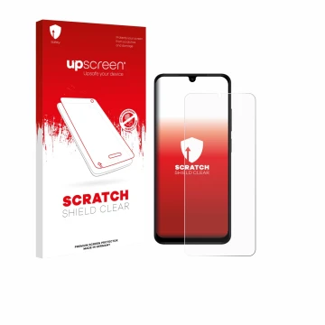 Face avant d’un emballage produit avec le logo de la marque upscreen. À côté, l’appareil Xiaomi Redmi A5 est représenté avec l