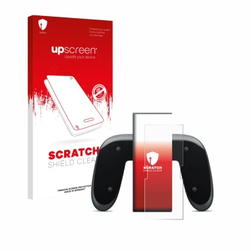 Face avant d’un emballage produit avec le logo de la marque upscreen. À côté, l’appareil Nintendo Switch 2 Joy-Con 2-Holder es