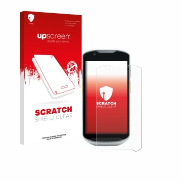 Face avant d’un emballage produit avec le logo de la marque upscreen. À côté, l’appareil Zebra TC52x-HC est représenté avec la