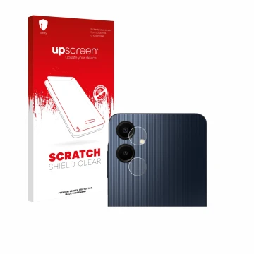 Face avant d’un emballage produit avec le logo de la marque upscreen. À côté, l’appareil Samsung Galaxy A06 5G (Caméra UNIQUEM