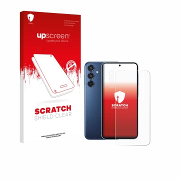 Face avant d’un emballage produit avec le logo de la marque upscreen. À côté, l’appareil Samsung Galaxy M35 (Avant+Caméra) est