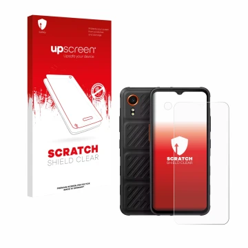 Face avant d’un emballage produit avec le logo de la marque upscreen. À côté, l’appareil Samsung Galaxy XCover 7 Enterprise Ed