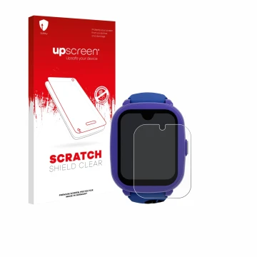 Face avant d’un emballage produit avec le logo de la marque upscreen. À côté, l’appareil SaveFamily Iconic Plus 2 4G est repré