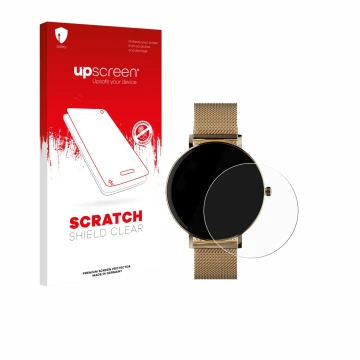 Face avant d’un emballage produit avec le logo de la marque upscreen. À côté, l’appareil ZenWatch Venice Pro est représenté av