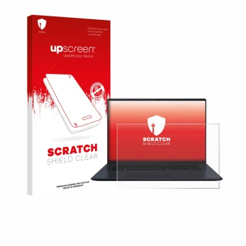 Face avant d’un emballage produit avec le logo de la marque upscreen. À côté, l’appareil ASUS Vivobook 18 M1807 est représenté