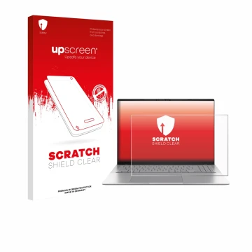 Face avant d’un emballage produit avec le logo de la marque upscreen. À côté, l’appareil ASUS Vivobook S16 S3607 est représent