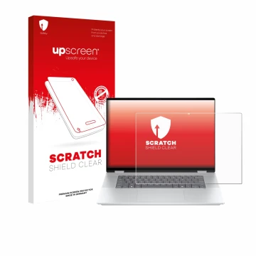 Face avant d’un emballage produit avec le logo de la marque upscreen. À côté, l’appareil HP OmniBook X Flip 16-aX est représen