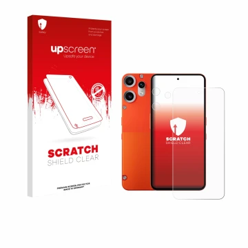 Face avant d’un emballage produit avec le logo de la marque upscreen. À côté, l’appareil Nothing CMF Phone 2 Pro (Avant+Caméra