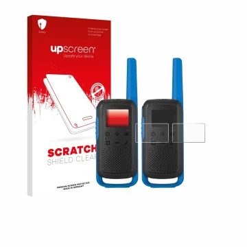 Face avant d’un emballage produit avec le logo de la marque upscreen. À côté, l’appareil Motorola TALKABOUT T62 est représenté