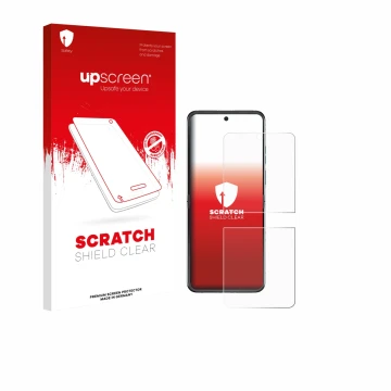 Face avant d’un emballage produit avec le logo de la marque upscreen. À côté, l’appareil Motorola Razr 60 est représenté avec 