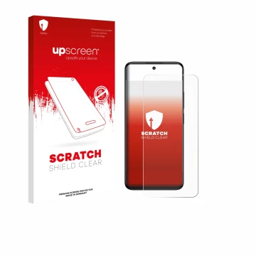 Face avant d’un emballage produit avec le logo de la marque upscreen. À côté, l’appareil TCL 60 5G est représenté avec la prot