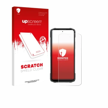 Face avant d’un emballage produit avec le logo de la marque upscreen. À côté, l’appareil Doogee Blade 20 Turbo est représenté 