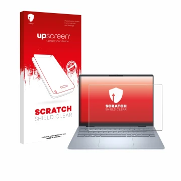 Face avant d’un emballage produit avec le logo de la marque upscreen. À côté, l’appareil Dell 14 Plus Laptop est représenté av